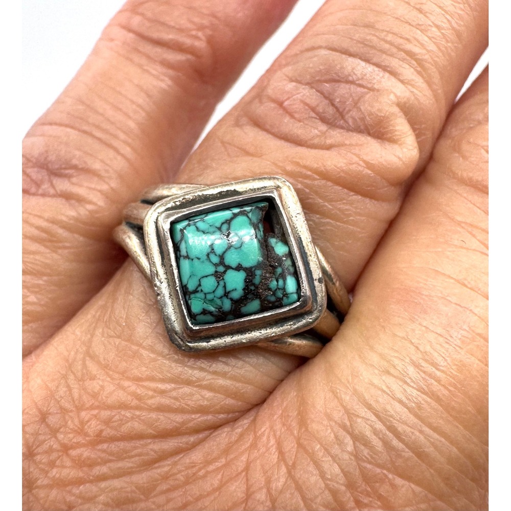 Vintage Sterling Silver 925 Square Turquoise Matrix Split Shank Ring Size 6.25